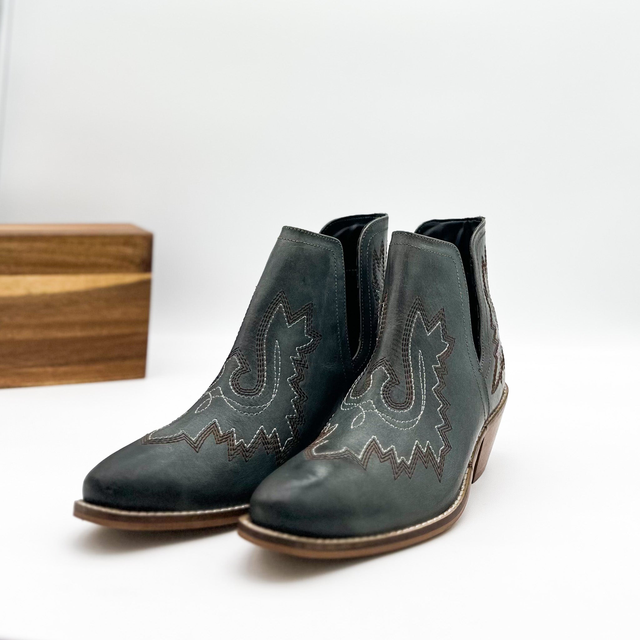 Kickin Booties Teal Western Embroidered Leather Heel Naughty Monkey